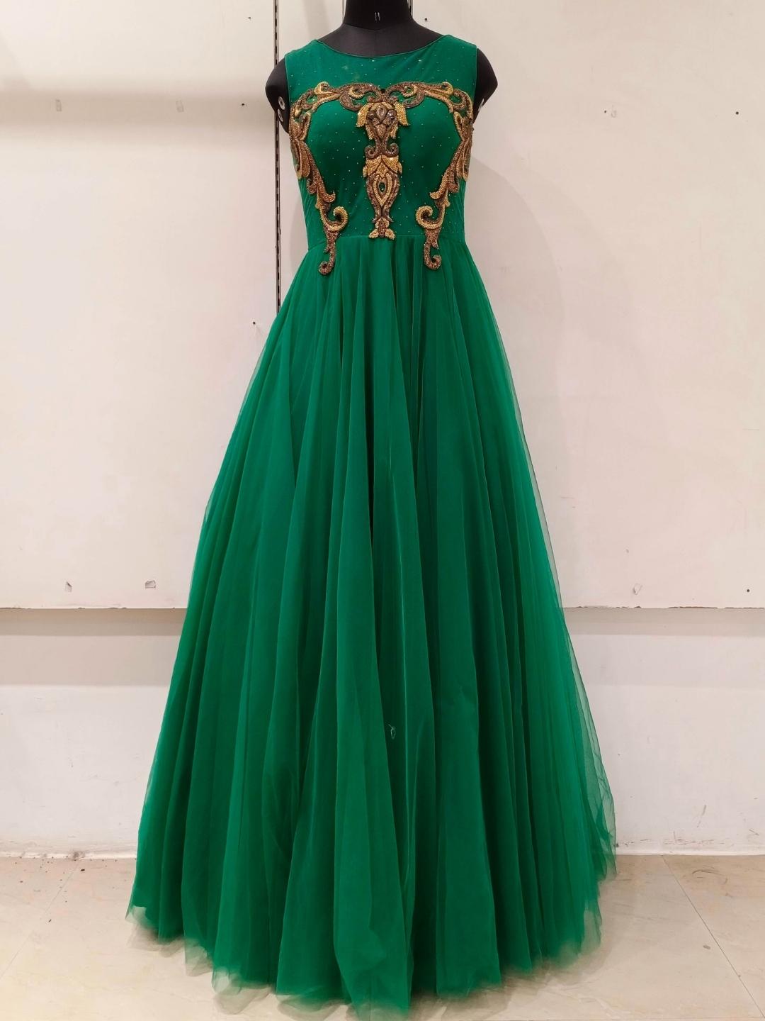 Bottle Green Embellished Barbie Style Flared Net Gown Dress Chhabra 555 Bottle Green Embellished Barbie Style Flared Net Gown Dress Chhabra 555