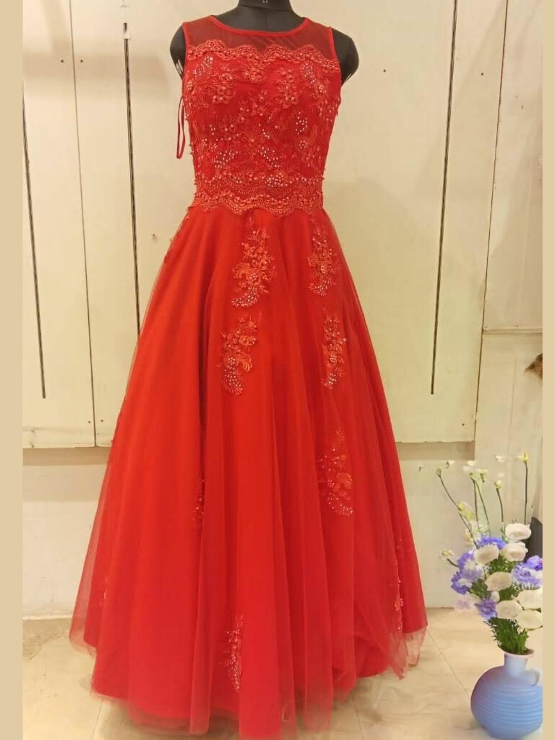 Red Bridal Resham Embroidered & Beads Embellished Barbie Style Flared Net  Gown Dress