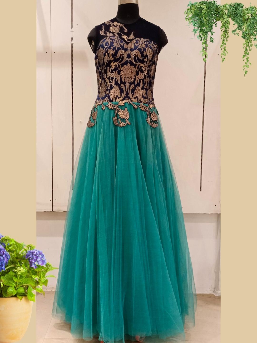 Peacock Shades Embellished Stylized Flared Net Gown Dress Chhabra 555 Peacock Shades Embellished Stylized Flared Net Gown Dress Chhabra 555