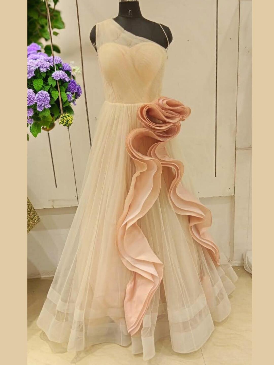 open lace back dress Light Shades Barbie Style Embellished One-Shoulder Long Flared Net Gown  Dress