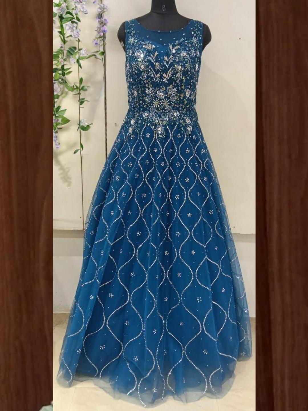 Bright Blue Heavy Work Embellished Long Flared Net Gown Dress