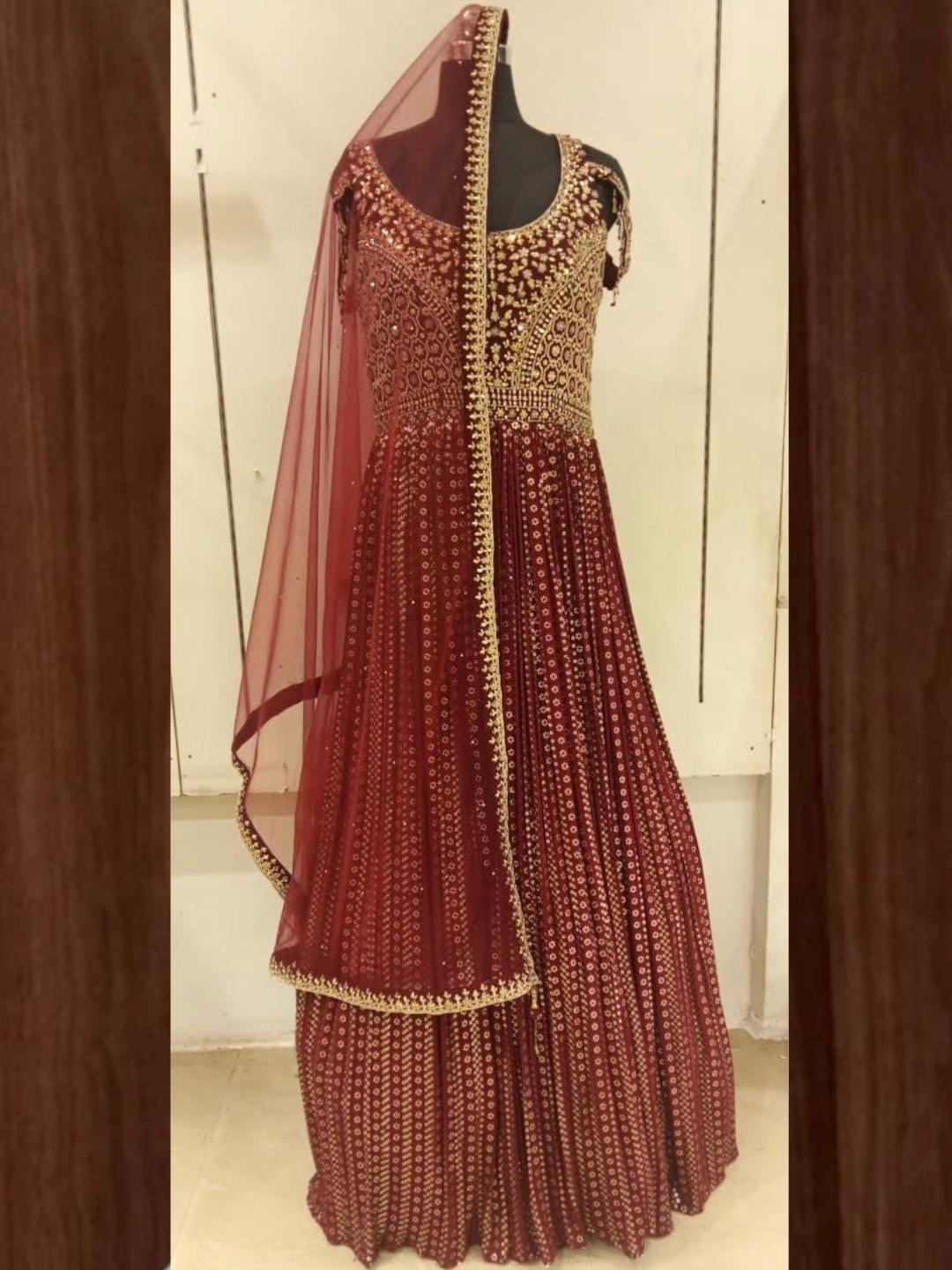 Maroon Bridal Golden Zari Embroidered Long Flared Printed Net Gown Dre Chhabra 555 Maroon Bridal Golden Zari Embroidered Long Flared Printed Net Gown Dre Chhabra 555