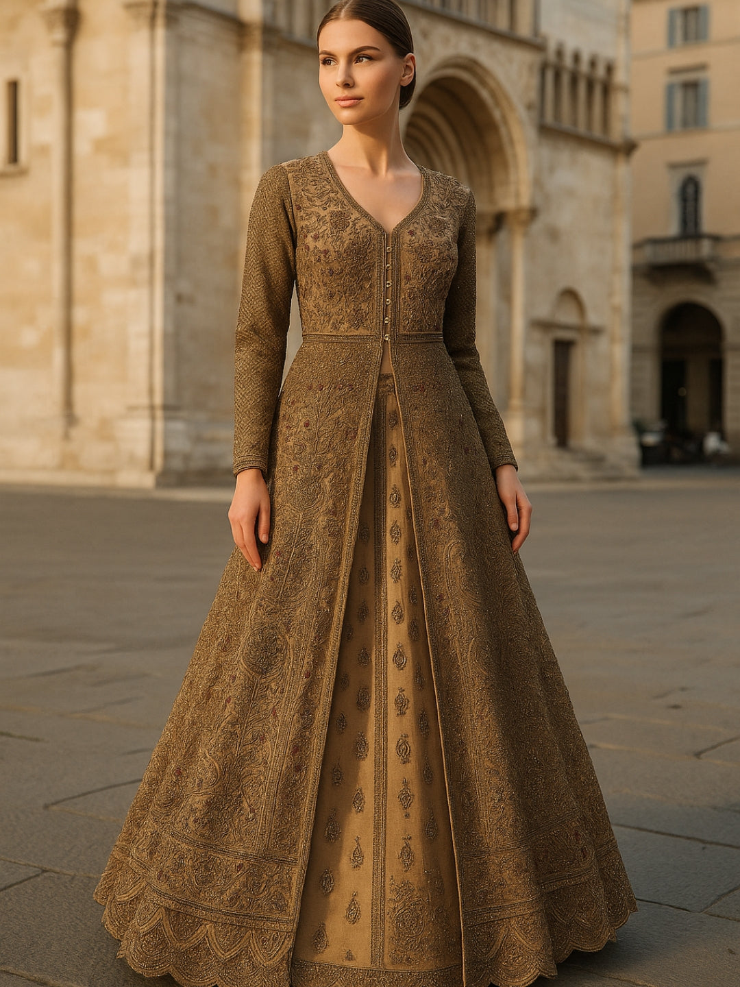 Antique Gold Zardozi Embroidered Long Jacket Gown with Intricate Detailing Antique Gold Zardozi Embroidered Long Jacket Gown with Intricate Detailing
