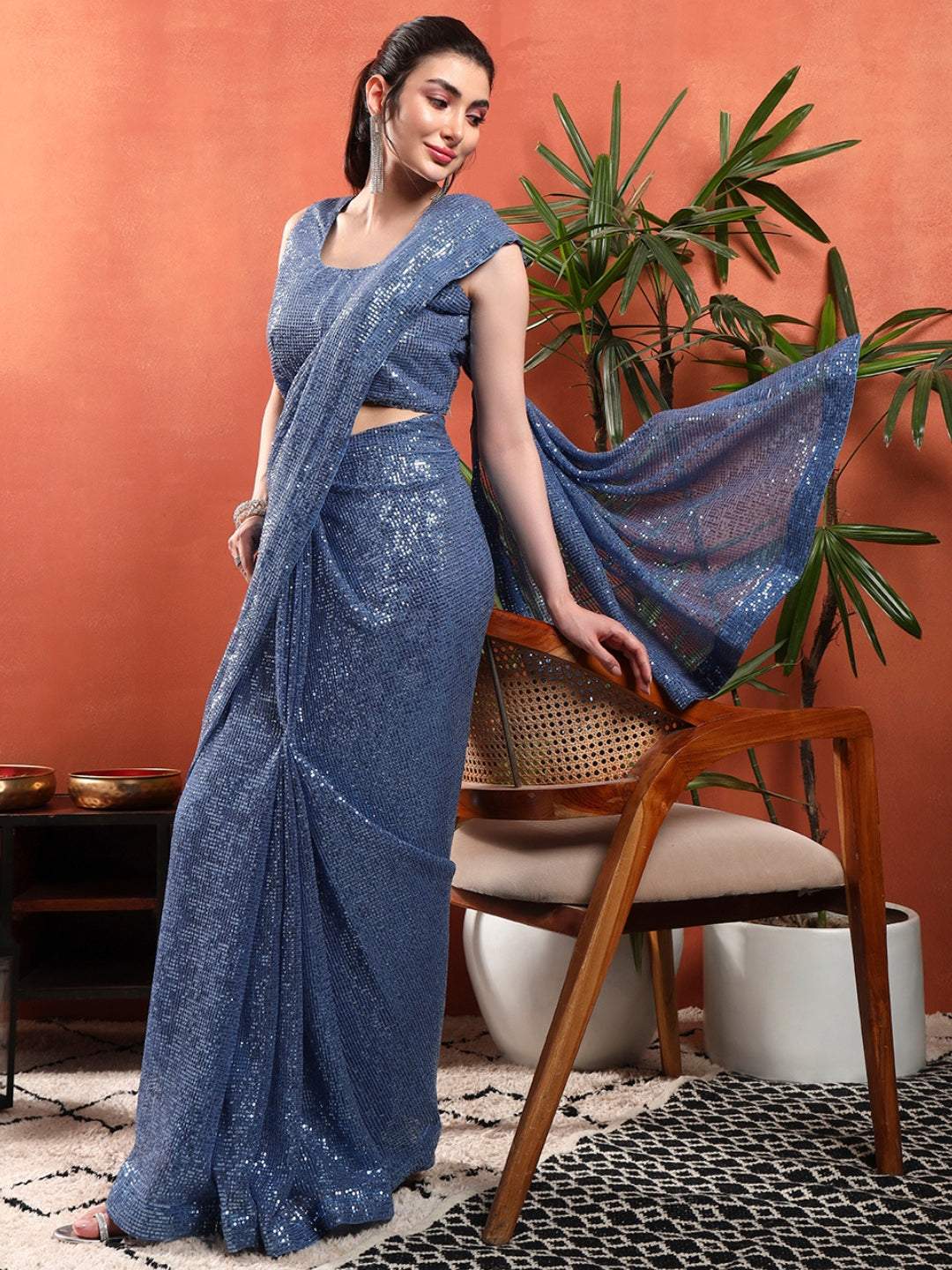 white christmas dresses Cocktail Bling Flowy Embellished Saree with Allover Sequin Embroidery