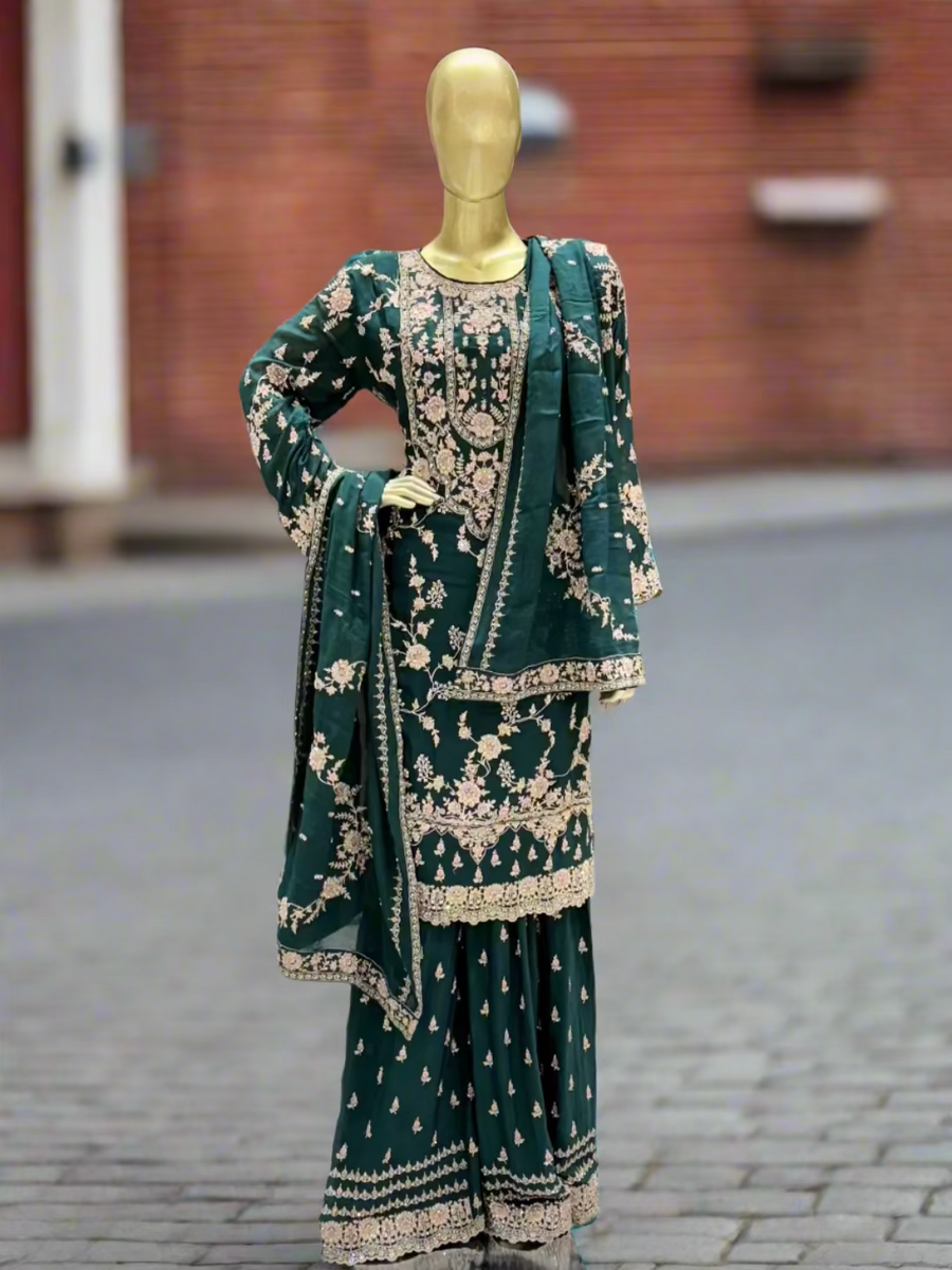 Turquoise Green Chinon Leheriya Embroidered Sharara Set