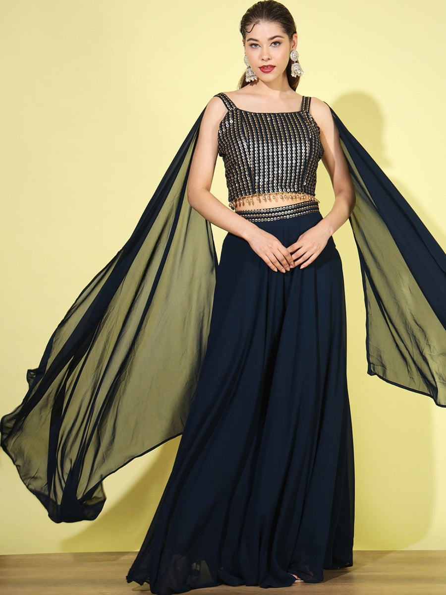 Mustard Crop Top with Flared Sleeves and Palazzo Set