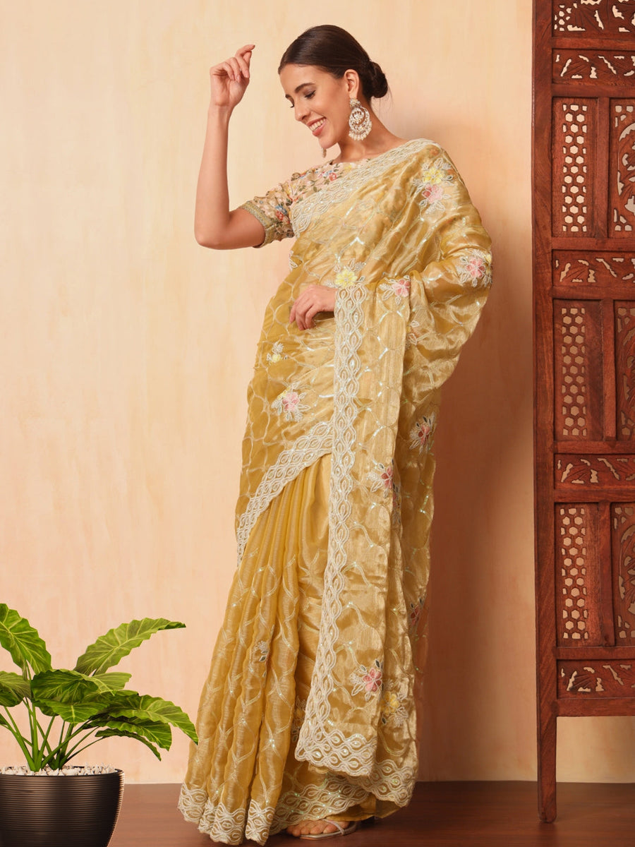 Floral Resham Embroidered Georgette Saree with Lace Embellishments