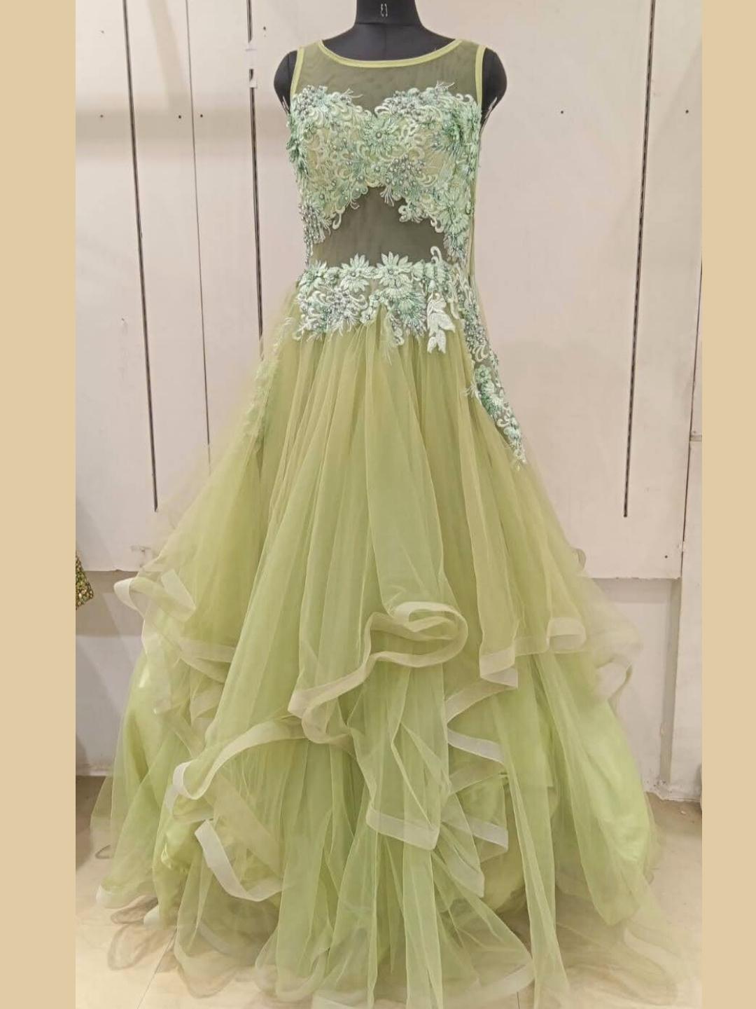 Pastel Green Floral Patch Work & Beads Embellished Barbie Style Gown D –  Chhabra 555