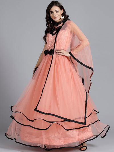 Chhabra 555 Peach Embellished Silk Gown with heavy beautiful Resham work and katdanna with Dupatta