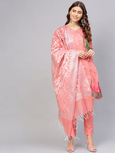 Chhabra 555 Pink Banarasi Handloom Dress Material with Zari Resham Weaving and Tassled dupatta