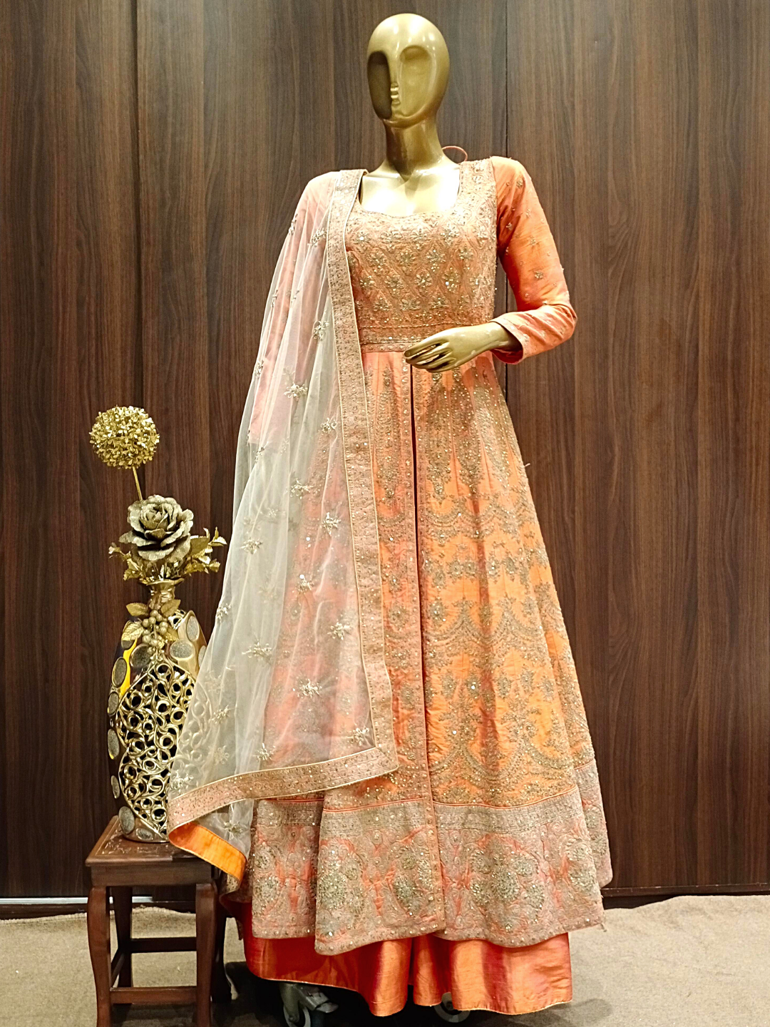 slim fit dress slacks Mustard Yellow Anarkali Suit in Tissue Silk with Embroidery Detailing, S main image 0