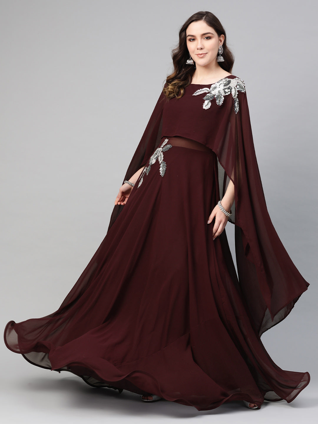 QBGY6510 Georgette Sequnned Cocktail Gown with Attached Cape  Chhabra 555