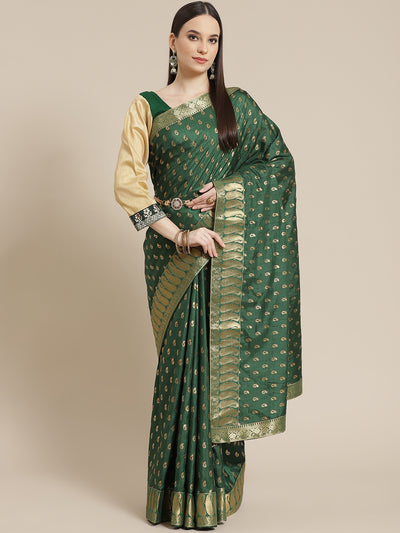 Chhabra 555 Foil Print Belted Saree with Brocade Zari Borders, Embroidered Paisleys & Matching Belt 

Color: Bottle Green

Type: NA Sarees

Pattern: Woven Design

Pattern Type: Paisley

Ornamentation: Zari

Border: Woven Design

Fabric: Art Silk

Saree length: 5.25 mtr., Width: 1.10 mtr, Blouse length: 0.70 mtr
Dry Clean only

The CAD image gives a detailed look of the actual blouse piece that comes with this saree. The blouse used by the model in the pictures is only for styling purpose.