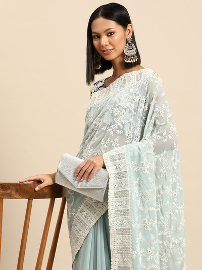 Chhabra 555 Pastel Blue Thread Chicken Embroidered With Stone Embellished Georgette Cocktail Saree 