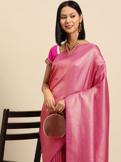 Chhabra 555 Gajari Pink Woven Ethnic Kanjeevaram Handloom Saree with Gold Zari Ethnic Motifs