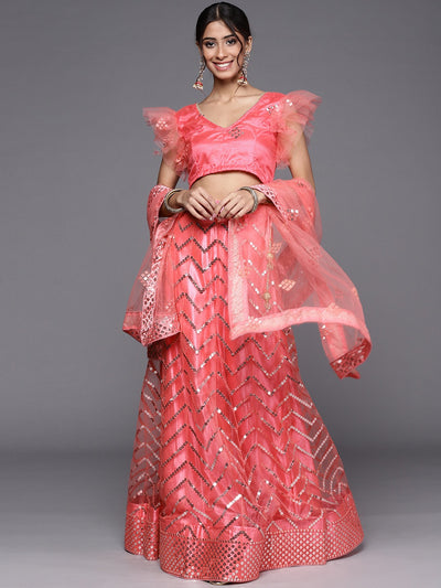 Chhabra 555 Pink Semi Stitched Net Embellished Lehenga Choli Set With Mirror, Resham Embroidery 