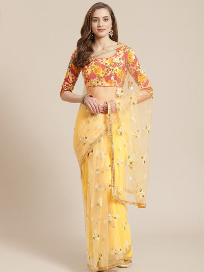 Chhabra 555 Pastel Net Reham Embroidered Floral Saree with Sequinned Border & Belt 