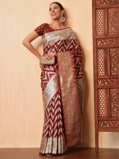 Chhabra 555 Maroon Kanjeevaram Banarasi Silk Zari Handwoven Saree with Contemporary Chevron pattern