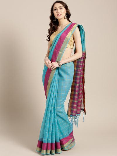 Chhabra 555 Turquoise Banarasi Chanderi Silk Saree with Checked Gharchola pattern & Jacquard blouse