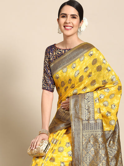 Chhabra 555 Yellow Banarasi Floral Resham & Zari Woven Silk Saree With Contrast Blue Border Blouse