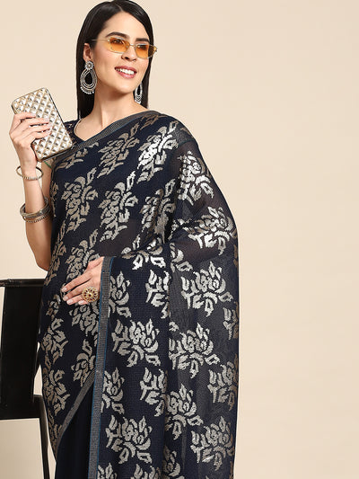 Chhabra 555 Navy Blue Bling Cocktail Seuin Embellished Georgette Saree With Thin Crystal Border