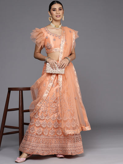 Chhabra 555 Semi-stitched Peach Intricate Floral Zari & Resham Thread Embroidery Net Lehenga Set