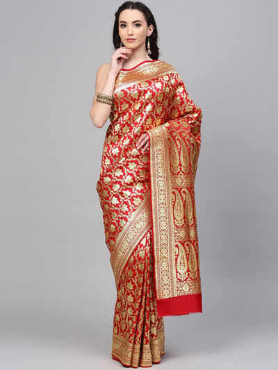 Chhabra 555 Red Banarasi Silk Handloom, Hand Woven,Floral, Meenakari Banarasi Zari Weav Border Saree  