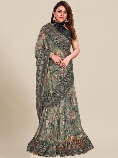 Chhabra 555 Flowy Stretch Georgette Saree Allover Sequin Embroidery and Floral Digital Print