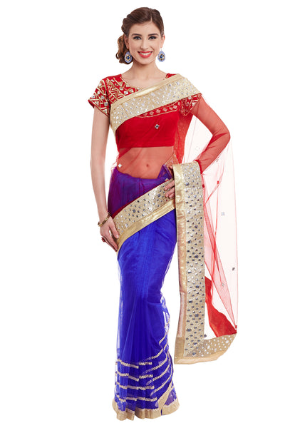 Chhabra 555 Blue & Red Embroidered Net Half & Half Party Wear Saree