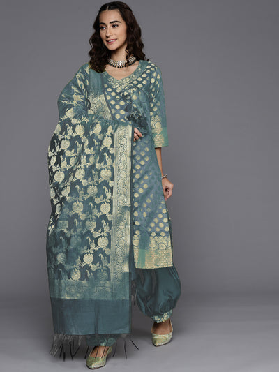 Chhabra 555 Banarasi Chanderi Silk Unstitched Suit with Zari weaving stripes & Handloom Dupatta 