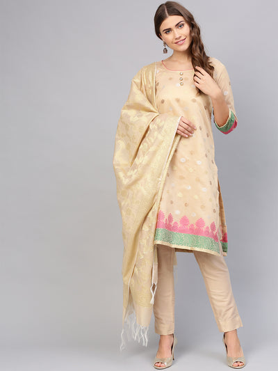 Chhabra 555 Beige Banarasi Handloom Dress Material with Zari Resham Weaving and Tassled dupatta