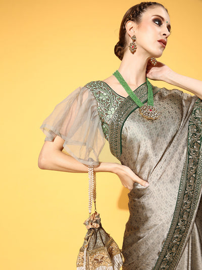 Chhabra 555 Grey Taupe Brasso Self Design Saree With Geometrical Weave pattern & Zari Embroidery