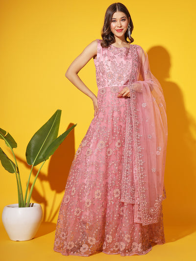 Chhabra 555 Made-to-Measure Pastel Pink Beads and Crystal Embellished Kalidar Flared Gown