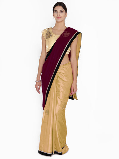 Chhabra 555 Burgundy and Gold Velvet Saree with Crystal Embroidery
