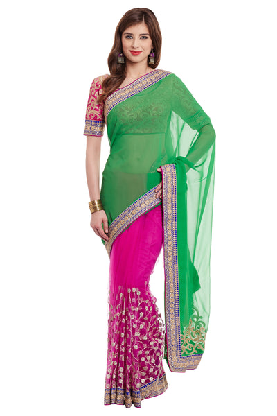 Chhabra 555 Pink & Green Embroidered Georgette Half & Half Party Wear Saree