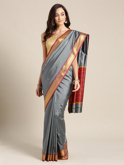 Chhabra 555 Narayanpet Grey Silk saree with Zari Weaving Contrast Border and Rich Temple Pallu

Color: Grey

Type: Narayan Peth Sarees

Pattern: Woven Design

Pattern Type: Ethnic Motifs

Ornamentation: Zari

Border: Woven Design

Fabric: Silk Blend

Saree: 5.4 mtr., Width: 1.1 mtr, Blouse: 0.7 mtr
Dry Clean Only

The CAD image gives a detailed look of the actual blouse piece that comes with this saree. The blouse used by the model in the pictures is only for styling purpose.