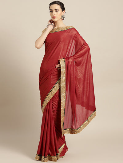 Chhabra 555 Maroon Stretch georgette Saree with Pearl and Crystal Embellished border