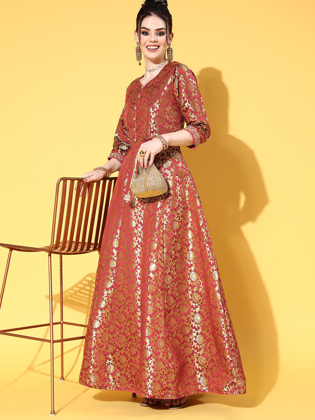 chinese dress ladies GWTKSIZE Made to Measure Maroon Banarasi Brocade Long Anarkali Gown  Embellished with Gold Buttons – Chhabra 555