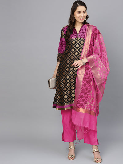 Chhabra 555 Unstitched Pink Banarasi Handloom Suit with Zari Resham Weaving and Tassled dupatta