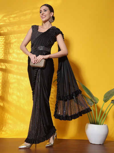Chhabra 555 Ready to Wear Black Sequence Embellished Draped Lycra Belted Saree