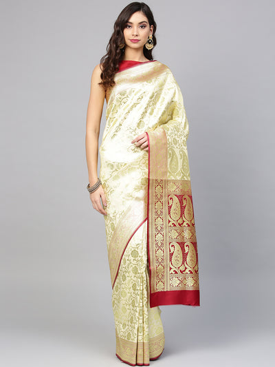 Chhabra 555 Golden Banarasi Silk Handloom, Hand Woven,Floral, Meenakari Banarasi Zari Weav Border Saree  