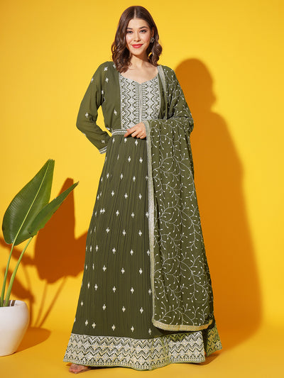 Chhabra 555 Mehndi Green Resham Chikankari Pleated Flared Georgette Gown with Embroidered Dupatta