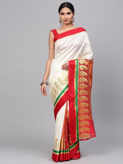 Chhabra 555 White Banarasi Silk Handloom, Hand Woven,Floral, Motifs Bangoli Style Zari Weav Border Saree  