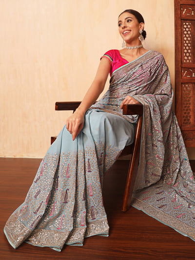 Chhabra 555 Pastel Ice Blue Party Wear Saree with Zari and Resham Embroidered Paisley motifs