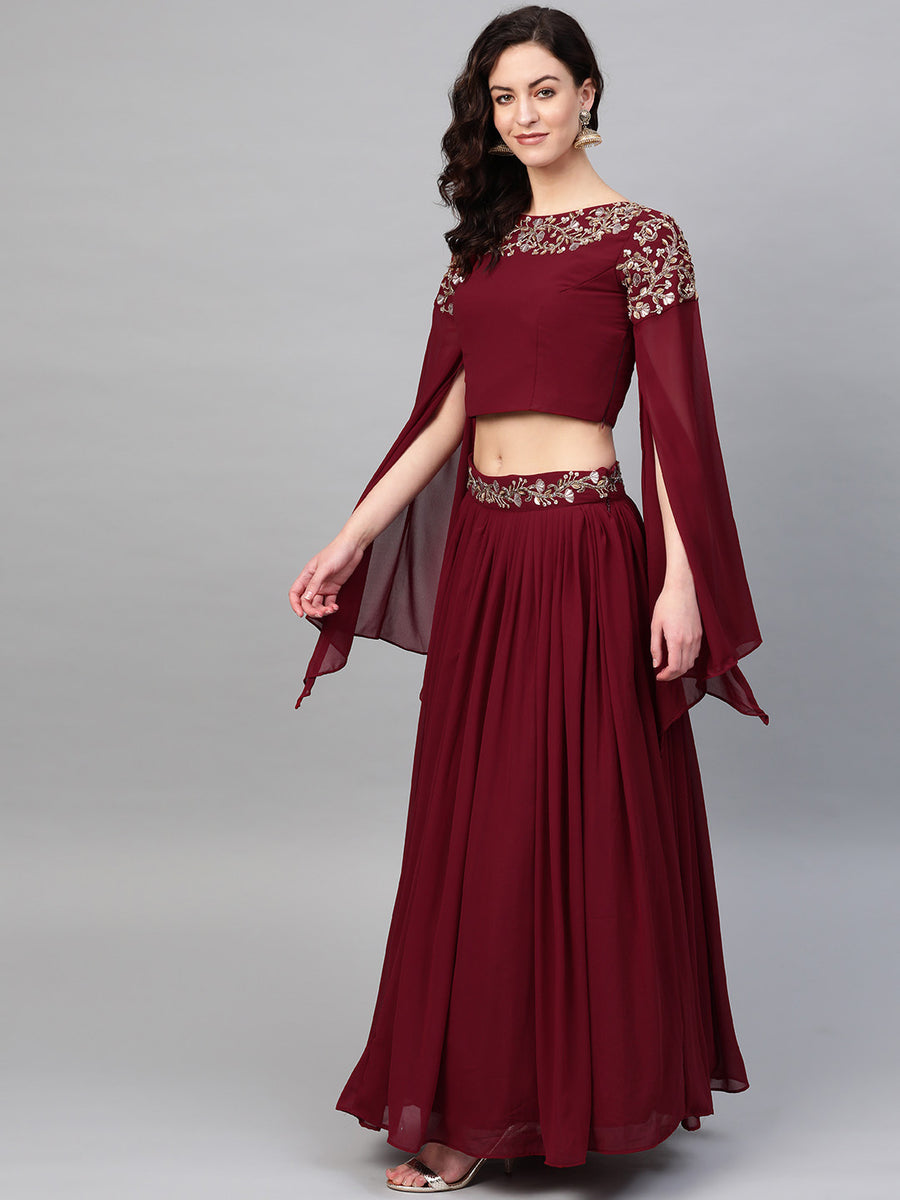 Embroidered Crop Top Lehenga with Flared Cape Style Sleeves