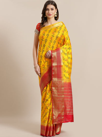 Chhabra 555 Mysore Silk Ikat Print Inspired Saree with intricate Zari Weaving Contrast Border