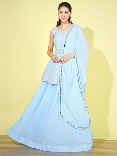 Chhabra 555 Aqua Blue Zari & Zircon Embroidered Lehenga Set with Front Slit Peplum Style Kurta