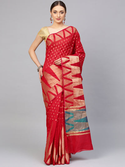 Chhabra 555 Red Banarasi Silk Handloom, Hand Woven, Motifs, Banarasi Zari Tample Border Saree  