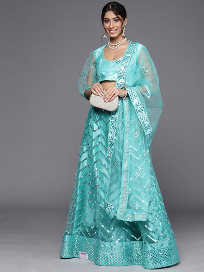 Chhabra 555 Turquoise Semi Stitched Embellished Net Cevron Lehenga Choli Set With Mirror Embroidery 