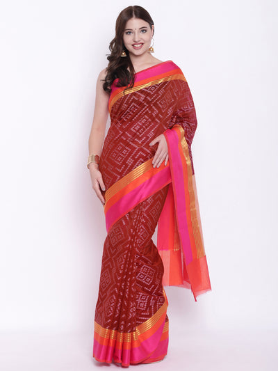 Chhabra 555 Brick Red Handloom Zari Banarasi Silk Saree with Contrast Pink and Orange Borders